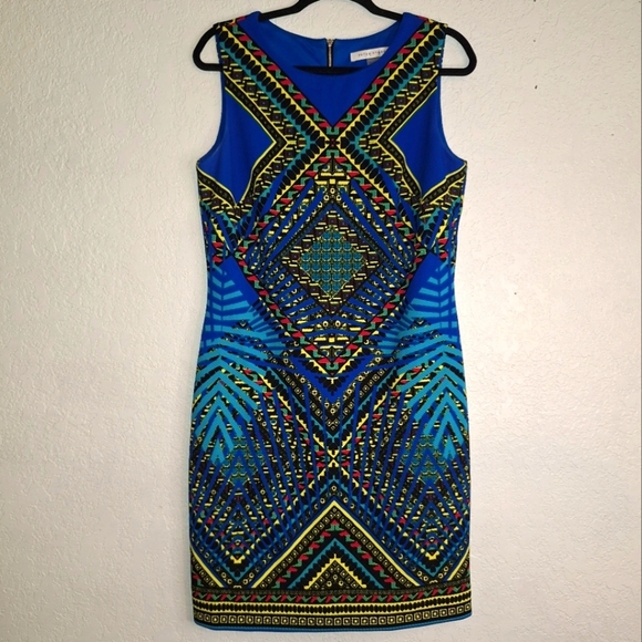 Peter Nygard Sz 10 Royal Blue Yellow Multi Color Lined Polyester Spandex Dress - Picture 1 of 10